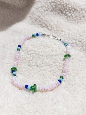 Handmade Pink Beaded bracelet with Green & Blue Accents